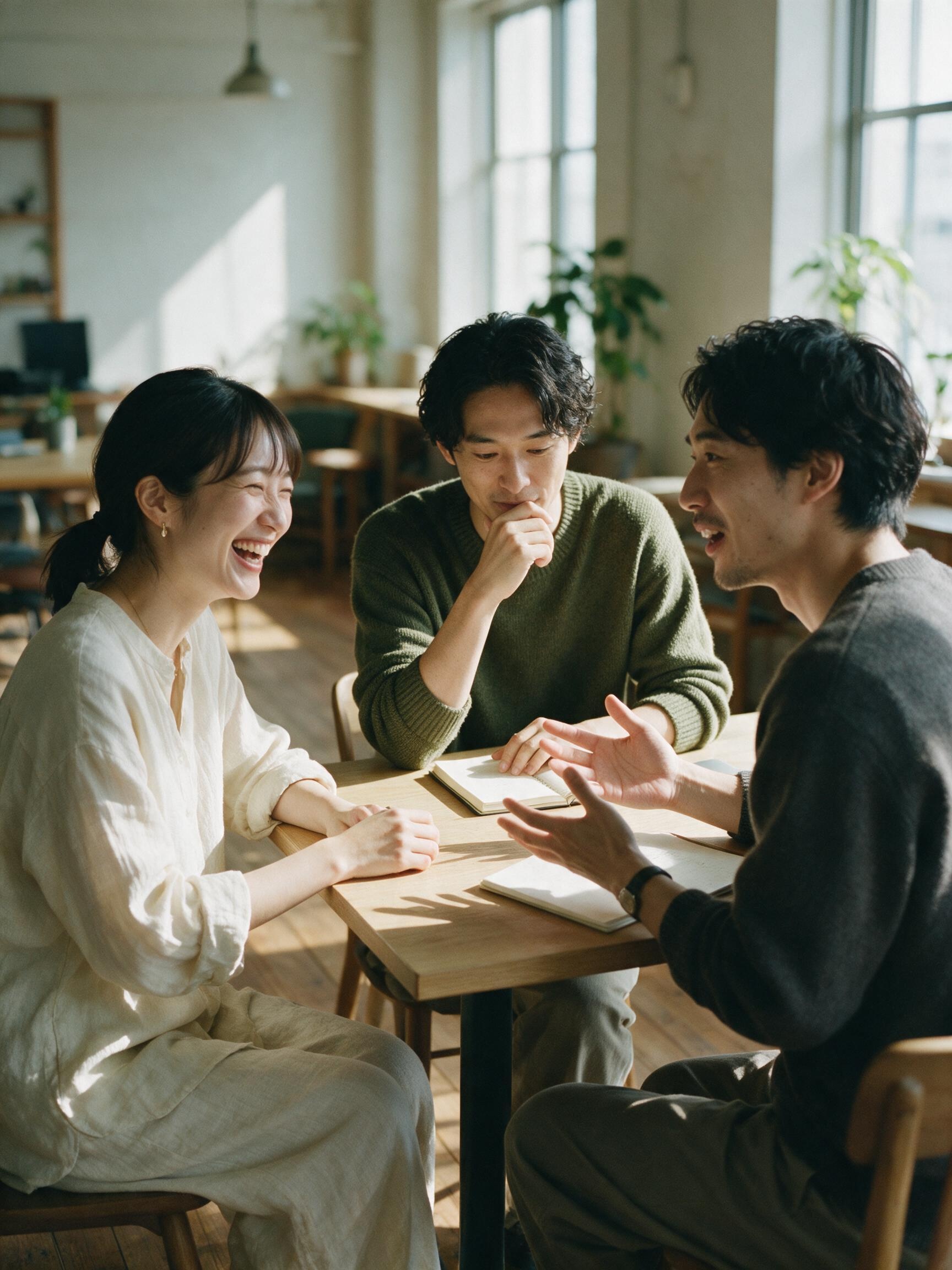 N-group team members in warm conversation
